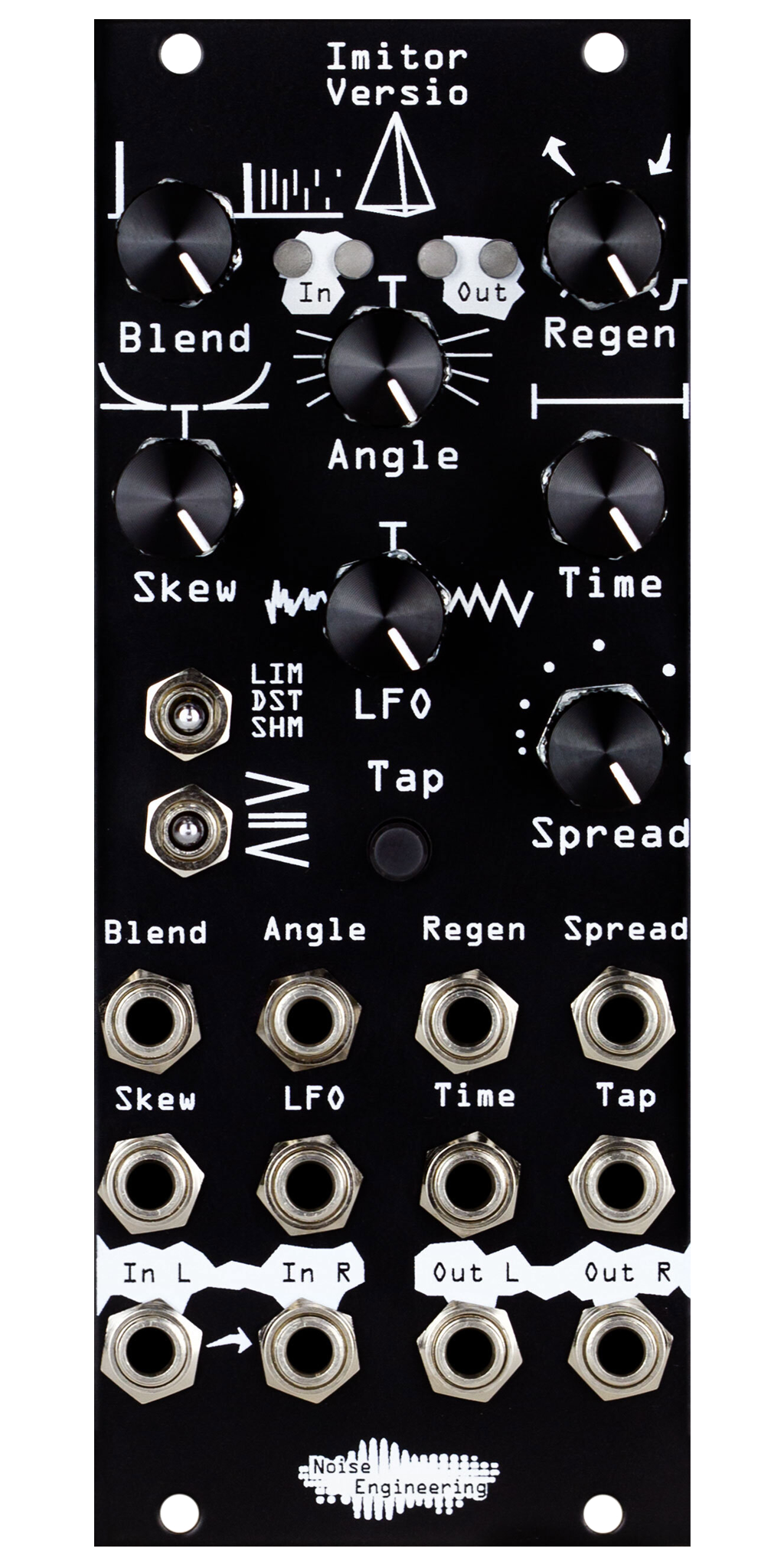 Stereo-in, stereo-out 12-tap multimode delay with clock sync and tap tempo plus DSP platform for Eurorack in black | Imitor Versio by Noise Engineering