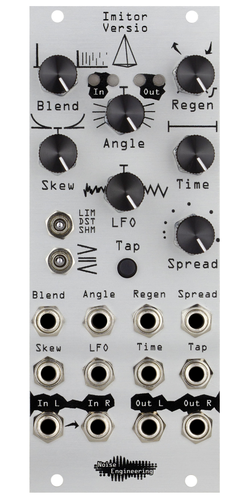Stereo-in, stereo-out 12-tap multimode delay with clock sync and tap tempo plus DSP platform for Eurorack in silver | Imitor Versio by Noise Engineering