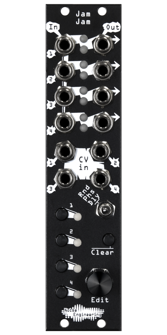 Four-channel trigger/gate/clock processor with three modes for Eurorack in black | Jam Jam by Noise Engineering