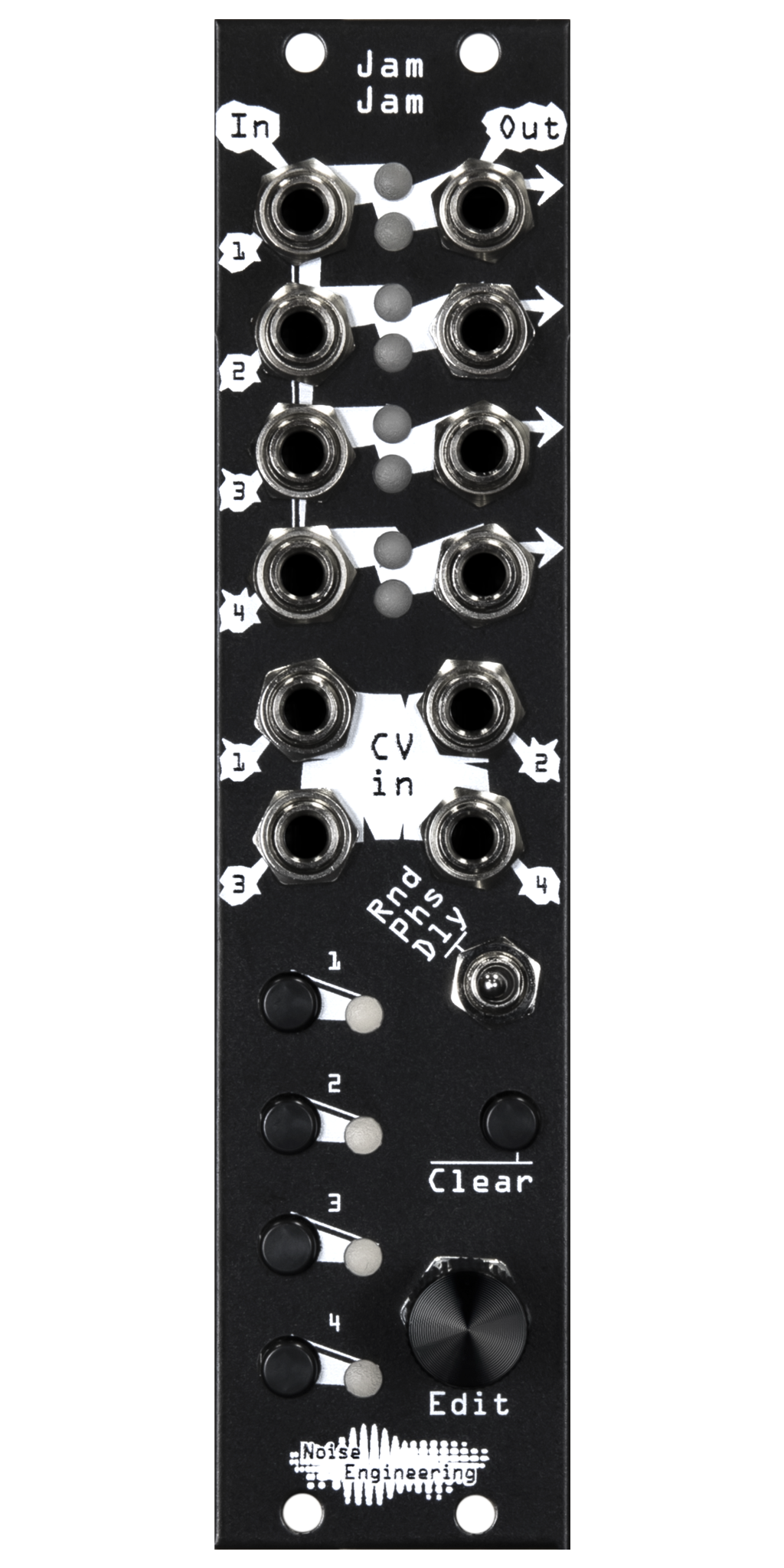 Four-channel trigger/gate/clock processor with three modes for Eurorack in black | Jam Jam by Noise Engineering