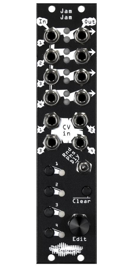 Four-channel trigger/gate/clock processor with three modes for Eurorack in black | Jam Jam by Noise Engineering