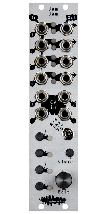 Four-channel trigger/gate/clock processor with three modes for Eurorack in silver | Jam Jam by Noise Engineering