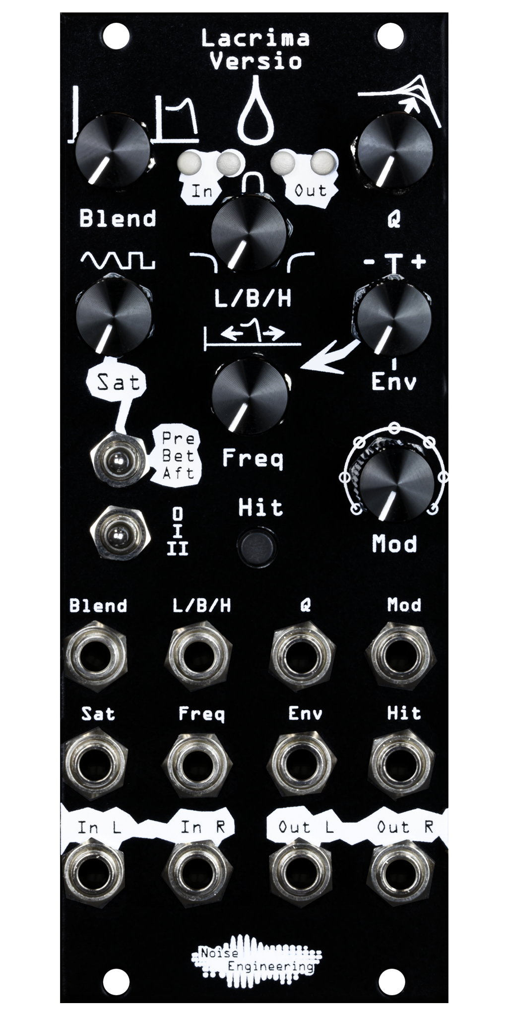 Autowah from hell on a stereo-in, stereo-out DSP platform for Eurorack in black | Lacrima Versio by Noise Engineering