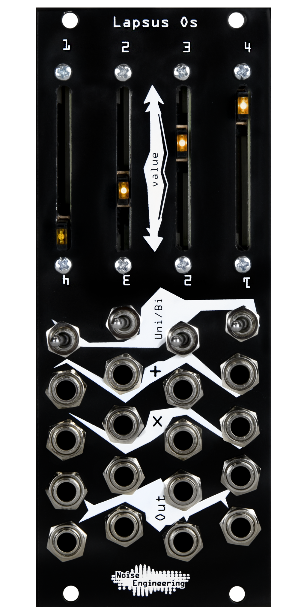 Four-channel performance attenuverter/attenuator with faders and offset for Eurorack in black | Lapsus Os by Noise Engineering