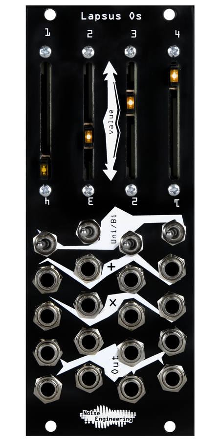 Four-channel performance attenuverter/attenuator with faders and offset for Eurorack in black | Lapsus Os by Noise Engineering