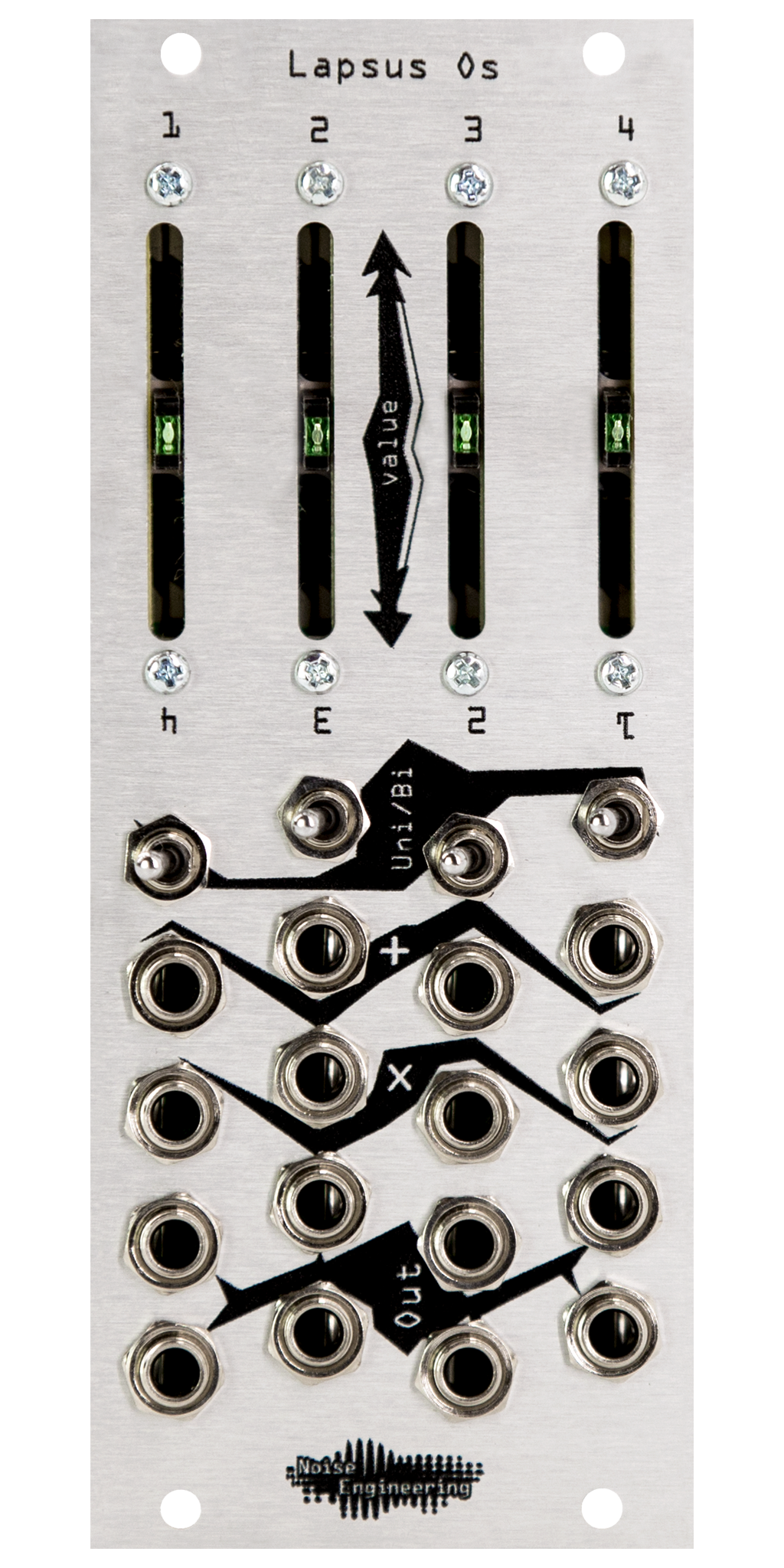 Four-channel performance attenuverter/attenuator with faders and offset for Eurorack in silver | Lapsus Os by Noise Engineering