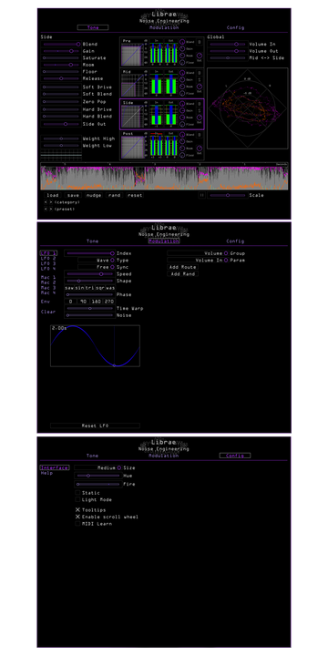 Load image into Gallery viewer, Librae plugin showing each main screen. The Tone page has a lot going on with monitoring and controls. Modulation controls LFOs and Macros. There is also a config page | Noise Engineering
