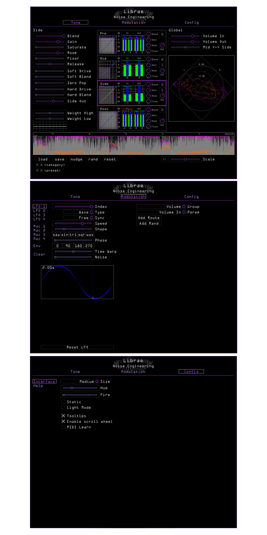Librae plugin showing each main screen. The Tone page has a lot going on with monitoring and controls. Modulation controls LFOs and Macros. There is also a config page | Noise Engineering