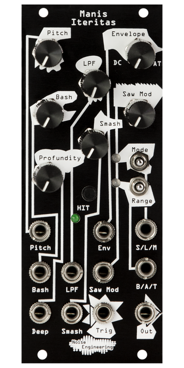 Load image into Gallery viewer, Black Eurorack module with stylized industrial art connecting LEDs, knobs, and switches on the top and jacks on the bottom. | Manis Iteritas by Noise Engineering
