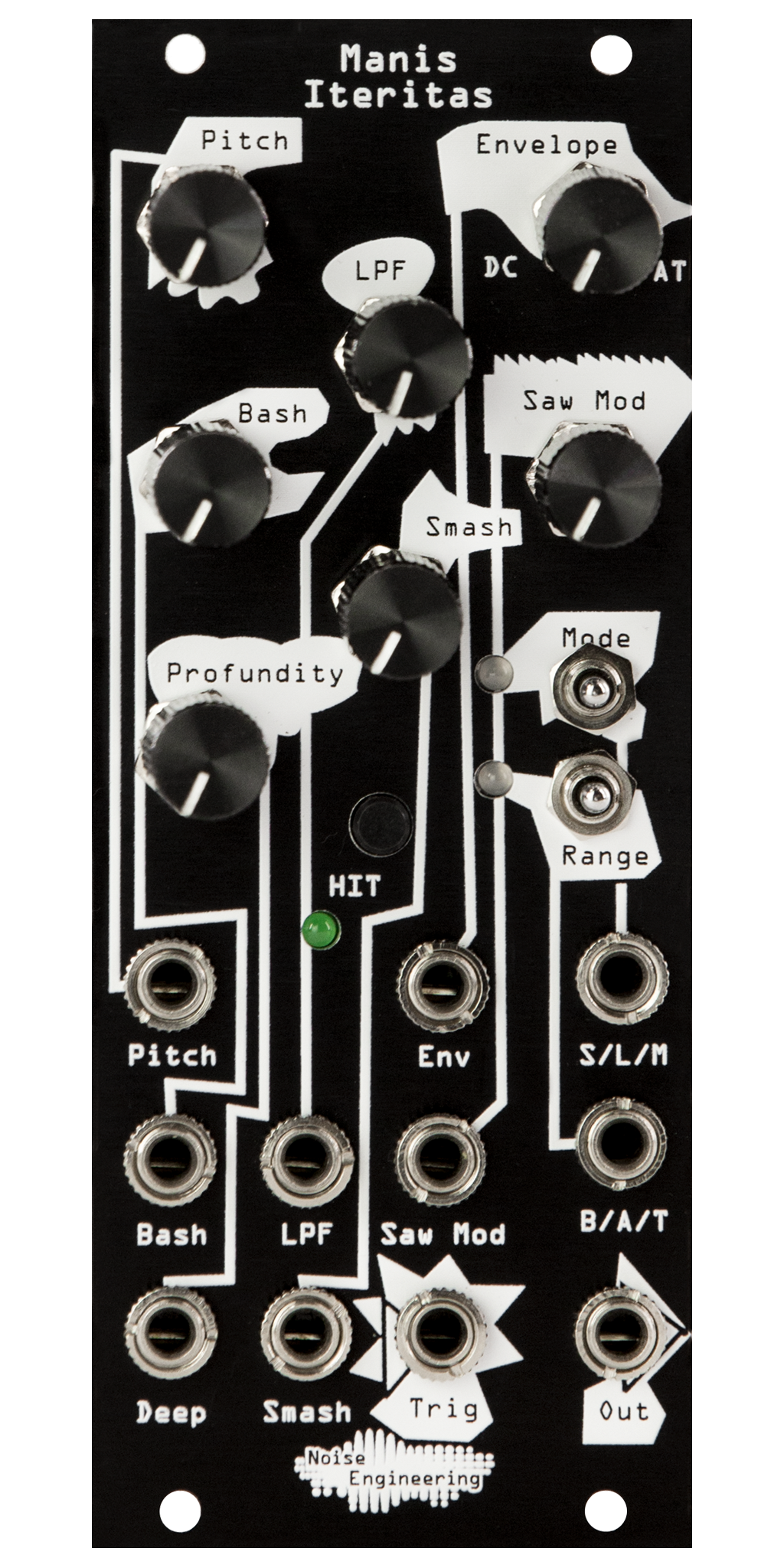 Black Eurorack module with stylized industrial art connecting LEDs, knobs, and switches on the top and jacks on the bottom. | Manis Iteritas by Noise Engineering