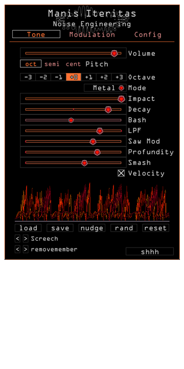 Load image into Gallery viewer, Manis Iteritas for VST, AU, and AAX in Orange. On the Tone page are main parameters that set the timbre of the synth. Presets are also controlled here. | Noise Engineering
