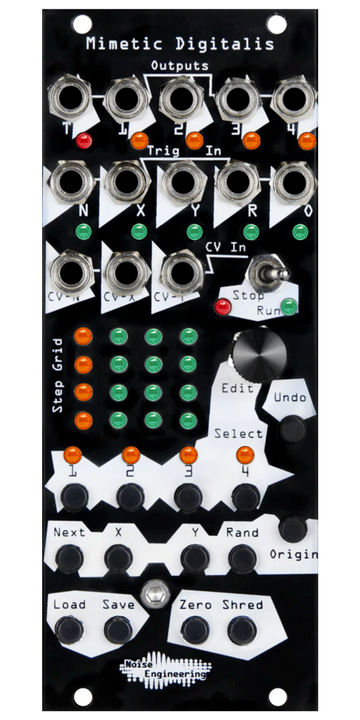 Load image into Gallery viewer, Mimetic Digitalis 4-channel performance sequencer with black panel. MD also has trigger out, Cartesian, random and reset inputs and performance controls. | Noise Engineering

