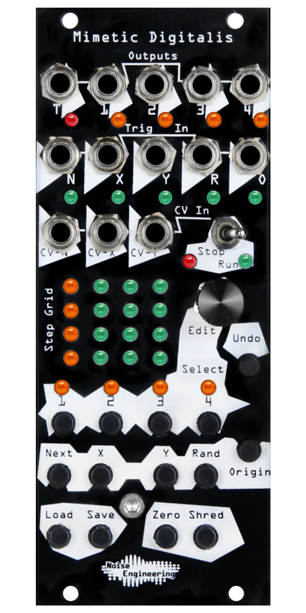 Mimetic Digitalis 4-channel performance sequencer with black panel. MD also has trigger out, Cartesian, random and reset inputs and performance controls. | Noise Engineering