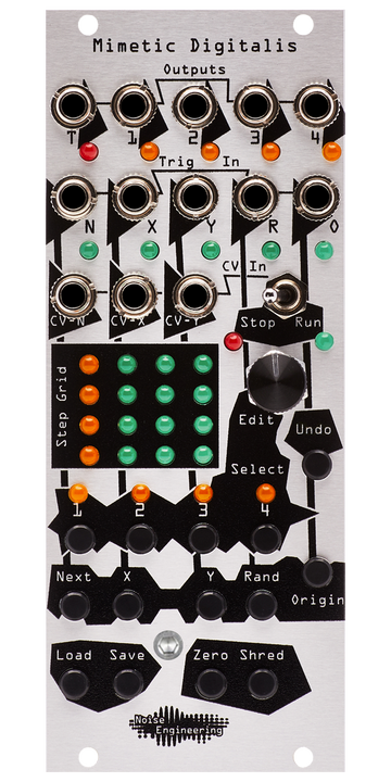 Load image into Gallery viewer, Mimetic Digitalis 4-channel performance sequencer with silver panel. MD also has trigger out, Cartesian, random and reset inputs and performance controls. | Noise Engineering
