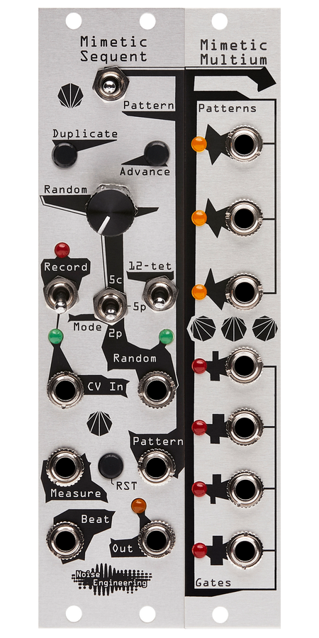 CV recorder and randomizer with gate and CV output expander Eurorack module in silver | Mimetic Sequent and Mimetic Multium by Noise Engineering