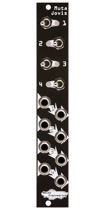 Load image into Gallery viewer, Muta Jovis quad mute black Eurorack module with stylized industrial art connecting four switches and LEDs at top and jacks at the bottom. | Noise Engineering
