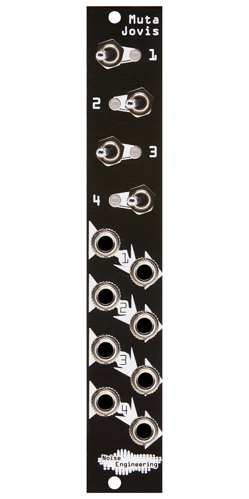 Muta Jovis quad mute black Eurorack module with stylized industrial art connecting four switches and LEDs at top and jacks at the bottom. | Noise Engineering