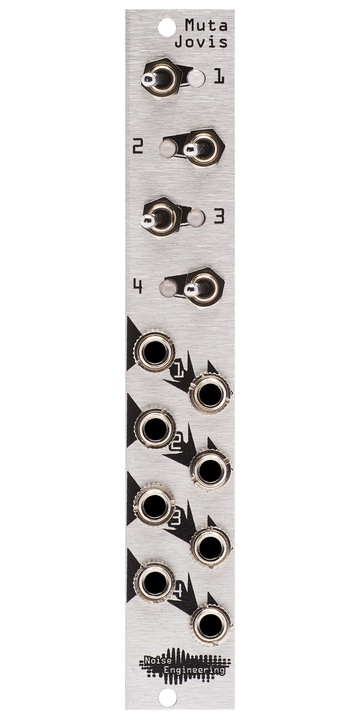 Load image into Gallery viewer, Muta Jovis quad mute silver Eurorack module with stylized industrial art connecting four switches and LEDs at top and jacks at the bottom. | Noise Engineering
