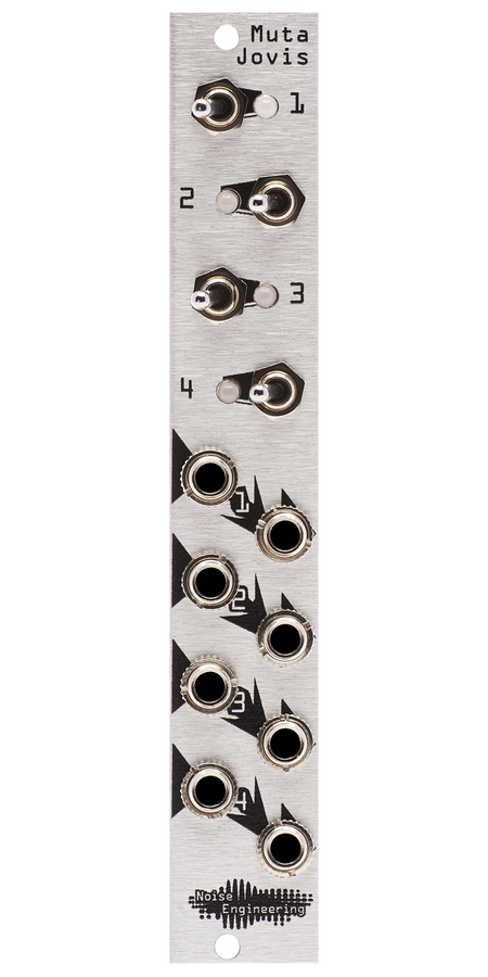 Muta Jovis quad mute silver Eurorack module with stylized industrial art connecting four switches and LEDs at top and jacks at the bottom. | Noise Engineering