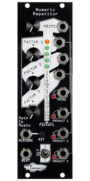 Load image into Gallery viewer, Numeric Repetitor black Eurorack module with stylized industrial art connecting four knobs and a LEDs at top with buttons, a switch, and jacks at the bottom and right side. | Noise Engineering

