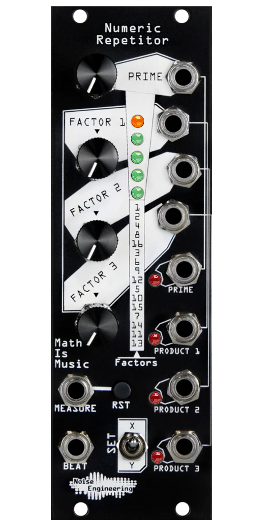 Numeric Repetitor black Eurorack module with stylized industrial art connecting four knobs and a LEDs at top with buttons, a switch, and jacks at the bottom and right side. | Noise Engineering