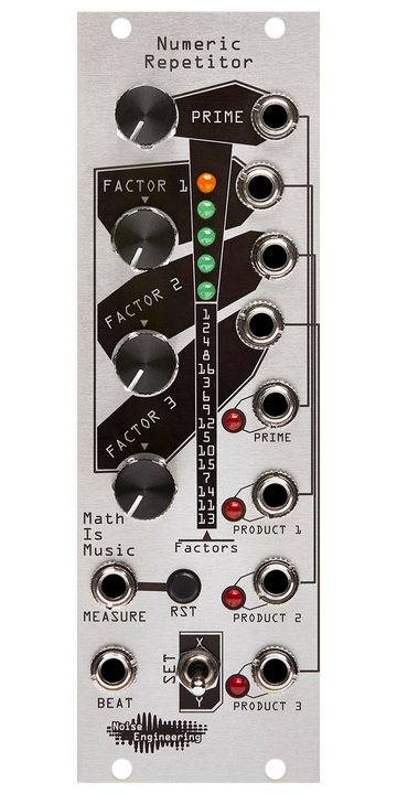 Load image into Gallery viewer, Numeric Repetitor silver Eurorack module with stylized industrial art connecting four knobs and a LEDs at top with buttons, a switch, and jacks at the bottom and right side. | Noise Engineering
