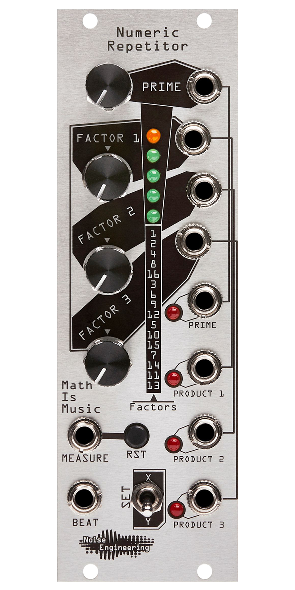 Numeric Repetitor silver Eurorack module with stylized industrial art connecting four knobs and a LEDs at top with buttons, a switch, and jacks at the bottom and right side. | Noise Engineering