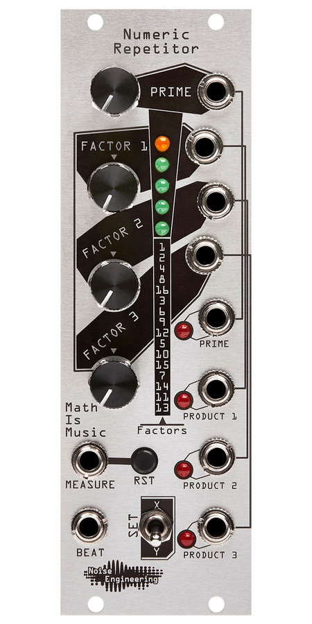 Numeric Repetitor silver Eurorack module with stylized industrial art connecting four knobs and a LEDs at top with buttons, a switch, and jacks at the bottom and right side. | Noise Engineering