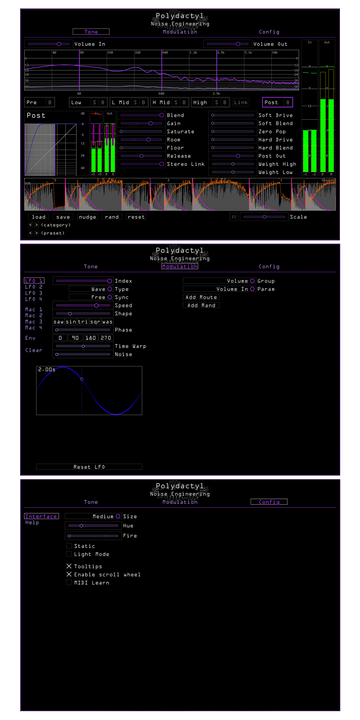 Load image into Gallery viewer, Polydactyl plugin showing each main screen. The Tone page has a lot going on with monitoring and controls. Modulation controls LFOs and Macros. There is also a config page | Noise Engineering
