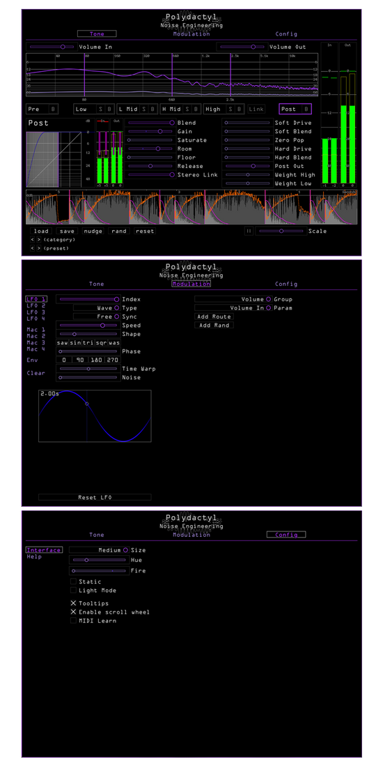 Polydactyl plugin showing each main screen. The Tone page has a lot going on with monitoring and controls. Modulation controls LFOs and Macros. There is also a config page | Noise Engineering