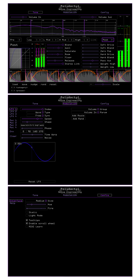 Polydactyl plugin showing each main screen. The Tone page has a lot going on with monitoring and controls. Modulation controls LFOs and Macros. There is also a config page | Noise Engineering