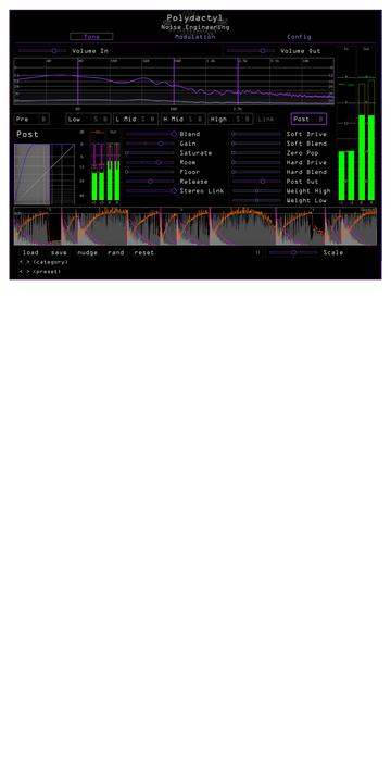 Load image into Gallery viewer, Polydactyl tone page with interactive frequency meter, VU meters, envelope metering, static meter, band controls, and compression/expansion and distortion sliders. | Noise Engineering
