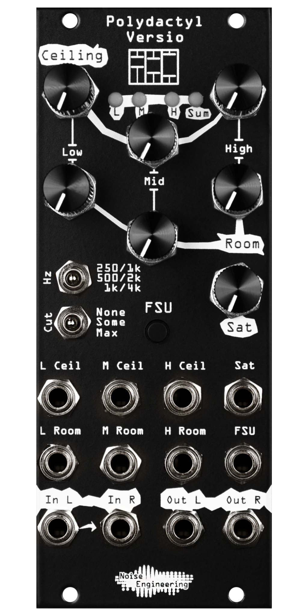 Polydactyl Versio in black Eurorack compressor module with knobs at top and jacks at bottom. | Noise Engineering