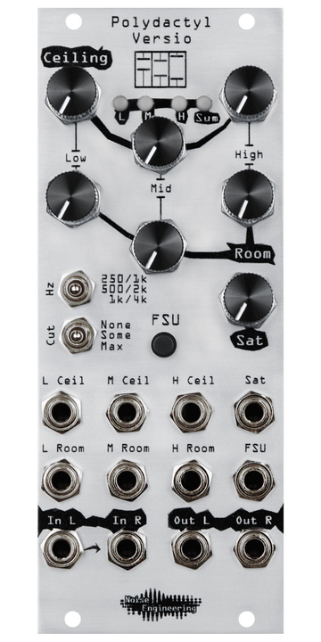 Load image into Gallery viewer, Polydactyl Versio in silver Eurorack compressor module with knobs at top and jacks at bottom. | Noise Engineering
