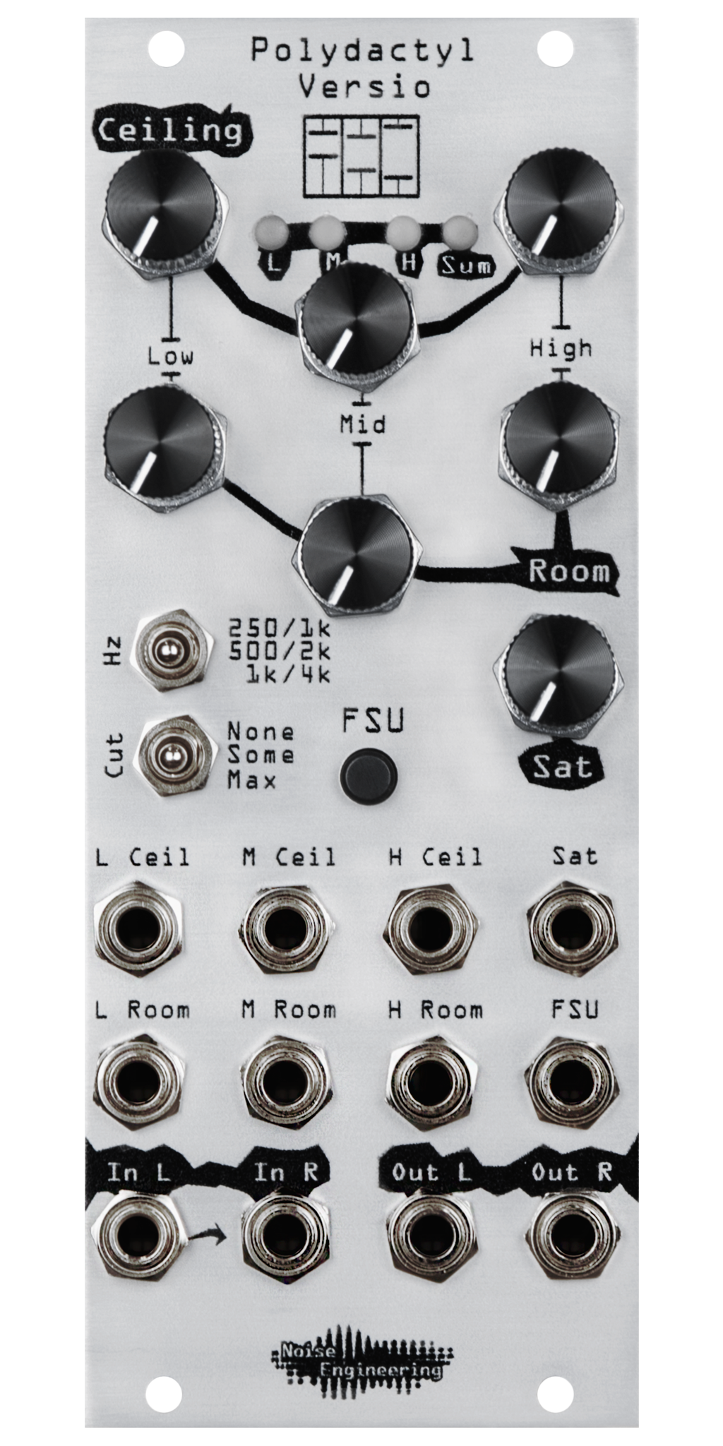 Polydactyl Versio in silver Eurorack compressor module with knobs at top and jacks at bottom. | Noise Engineering