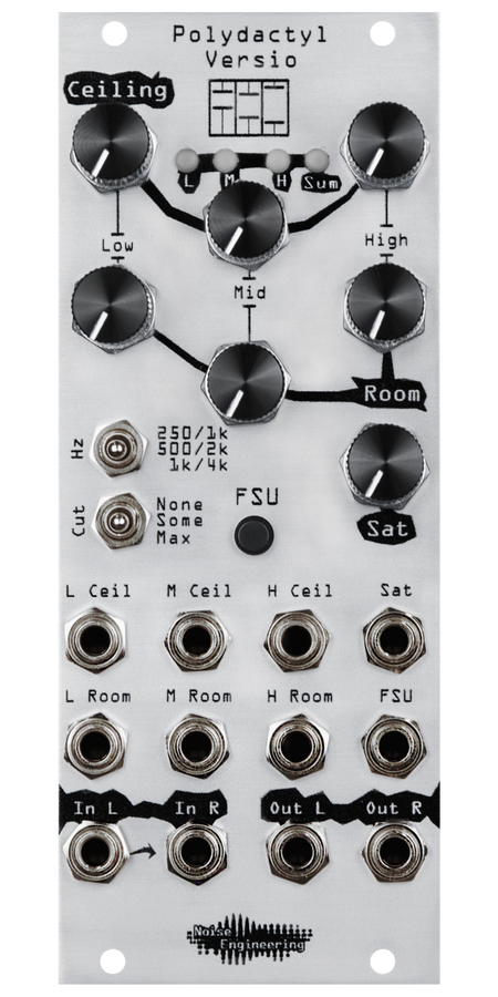 Polydactyl Versio in silver Eurorack compressor module with knobs at top and jacks at bottom. | Noise Engineering