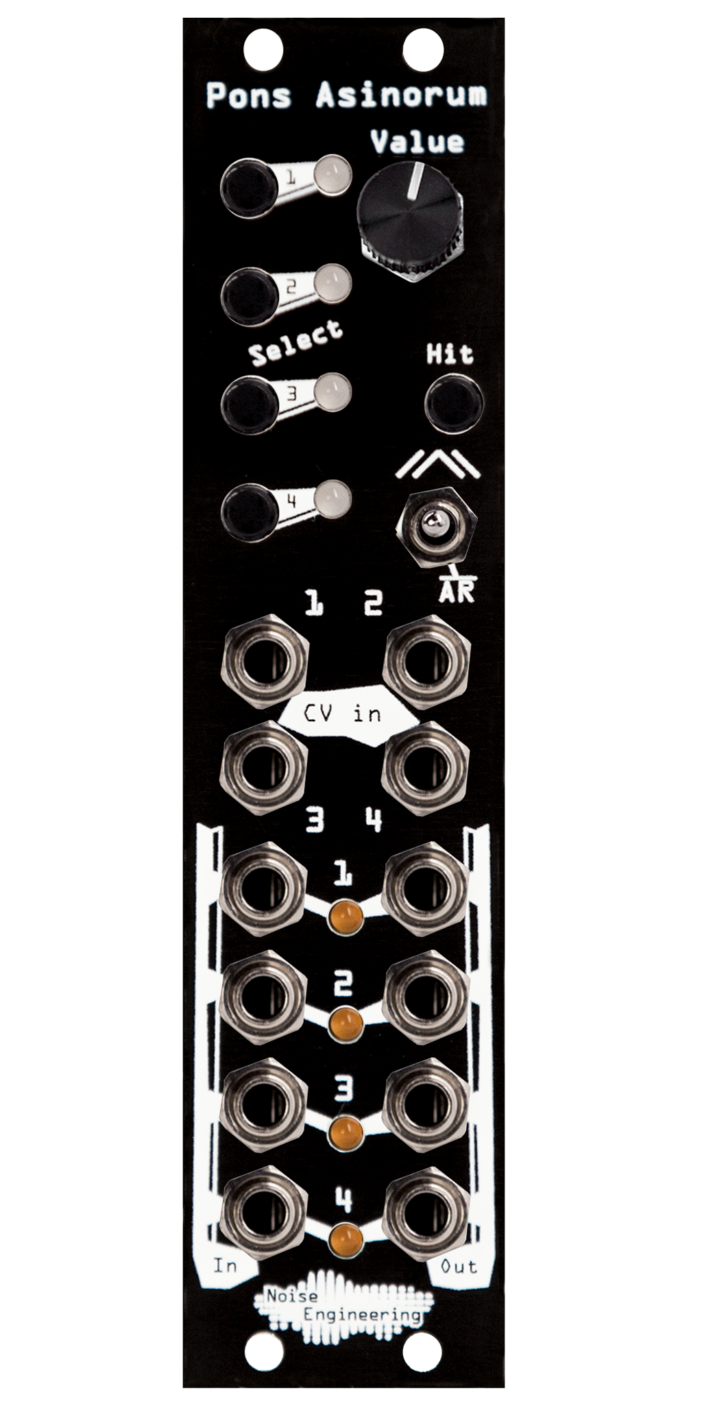 Pons Asinorum Eurorack module in black with buttons and knob at top and jacks at bottom | Noise Engineering