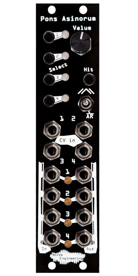 Pons Asinorum Eurorack module in black with buttons and knob at top and jacks at bottom | Noise Engineering