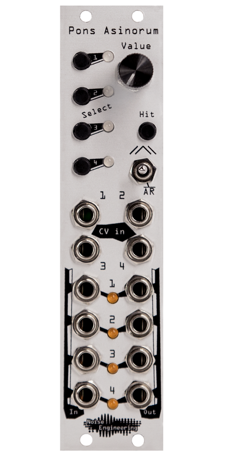 Pons Asinorum Eurorack module in silver with buttons and knob at top and jacks at bottom | Noise Engineering