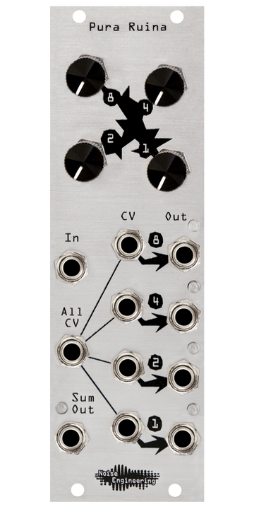 Load image into Gallery viewer, Pura Ruina silver distortion and rectification Eurorack module with industrial art connecting four knobs at top with jacks and LEDs at bottom. | Noise Engineering
