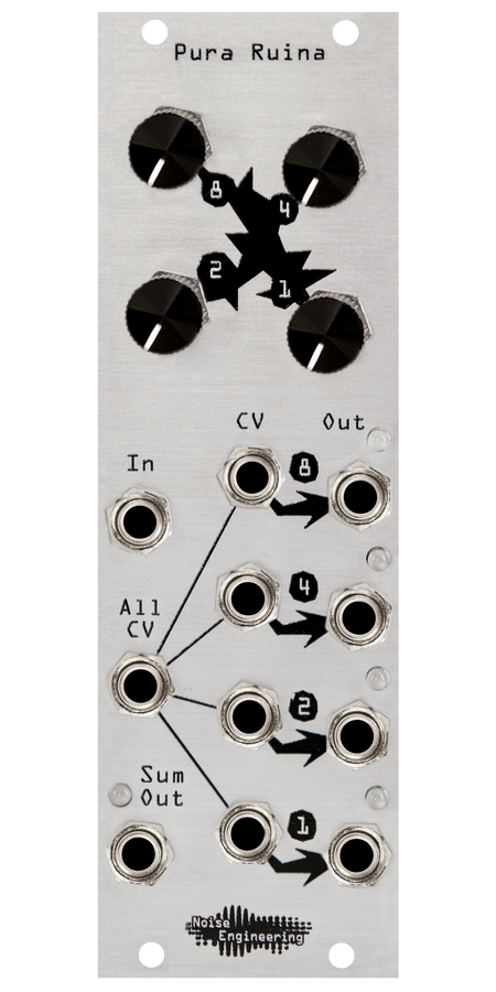 Pura Ruina silver distortion and rectification Eurorack module with industrial art connecting four knobs at top with jacks and LEDs at bottom. | Noise Engineering