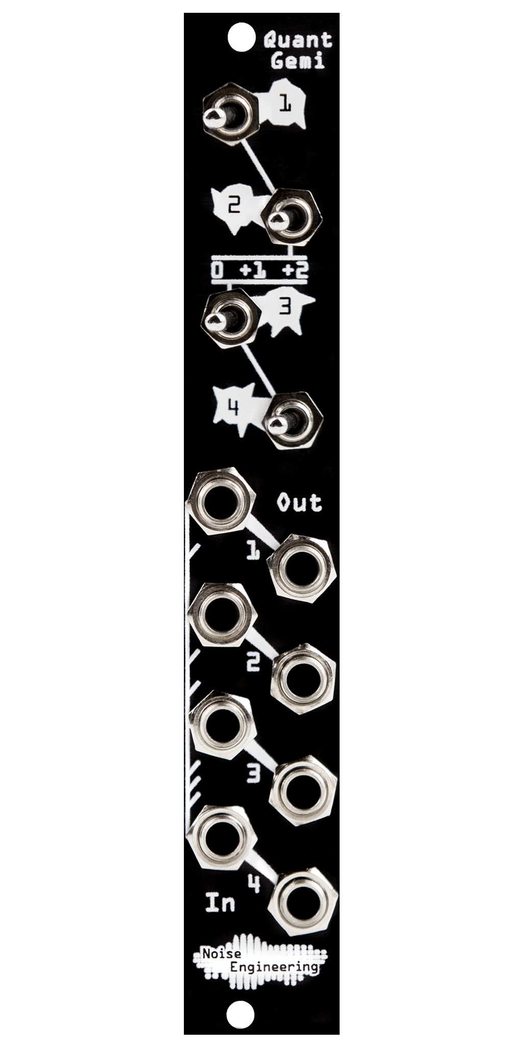 Quant Gemi black Eurorack module with four 3-octave switches on top and jacks on the bottom | Noise Engineering