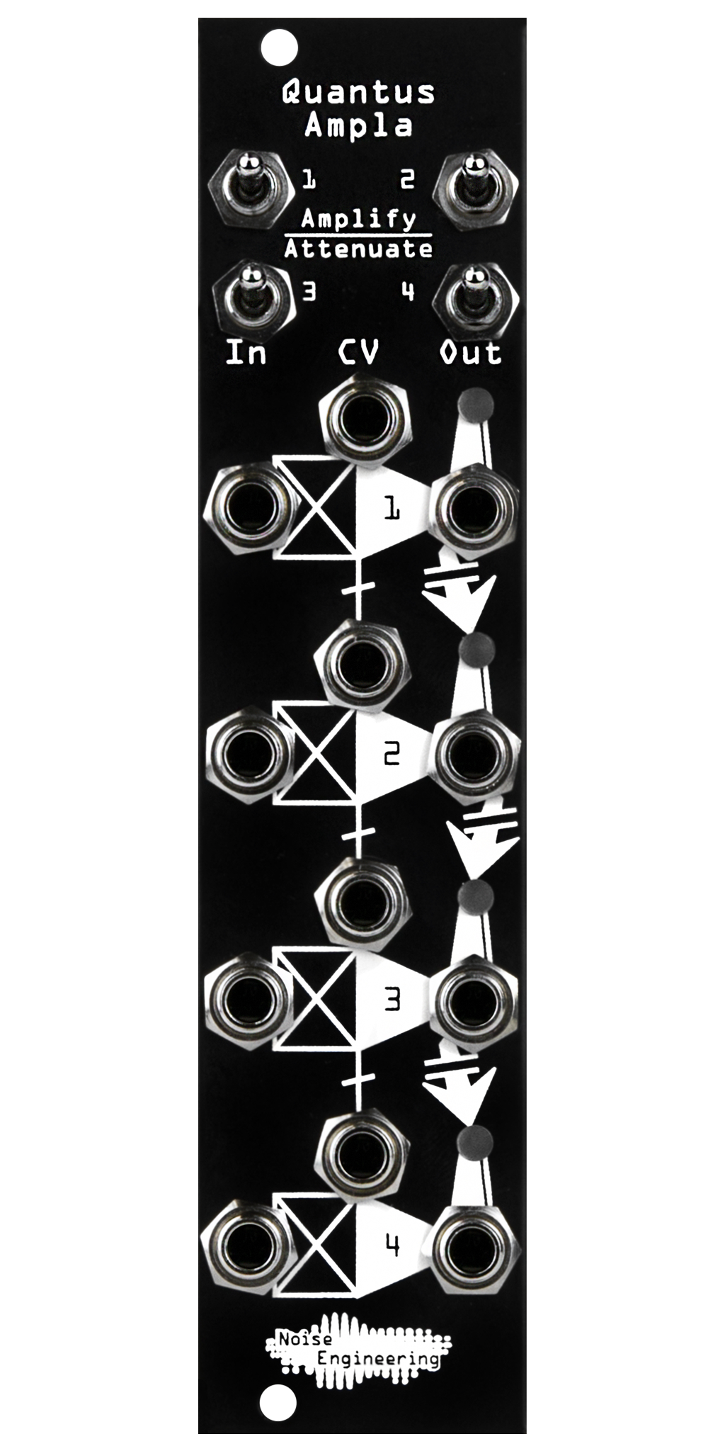 Quantus Ampla black VCA Eurorack module with amplify/attenuate switches at top and jacks on bottom | Noise Engineering