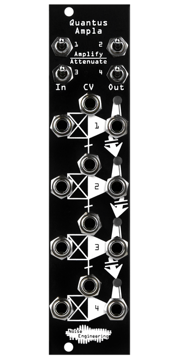 Load image into Gallery viewer, Quantus Ampla black VCA Eurorack module with amplify/attenuate switches at top and jacks on bottom | Noise Engineering
