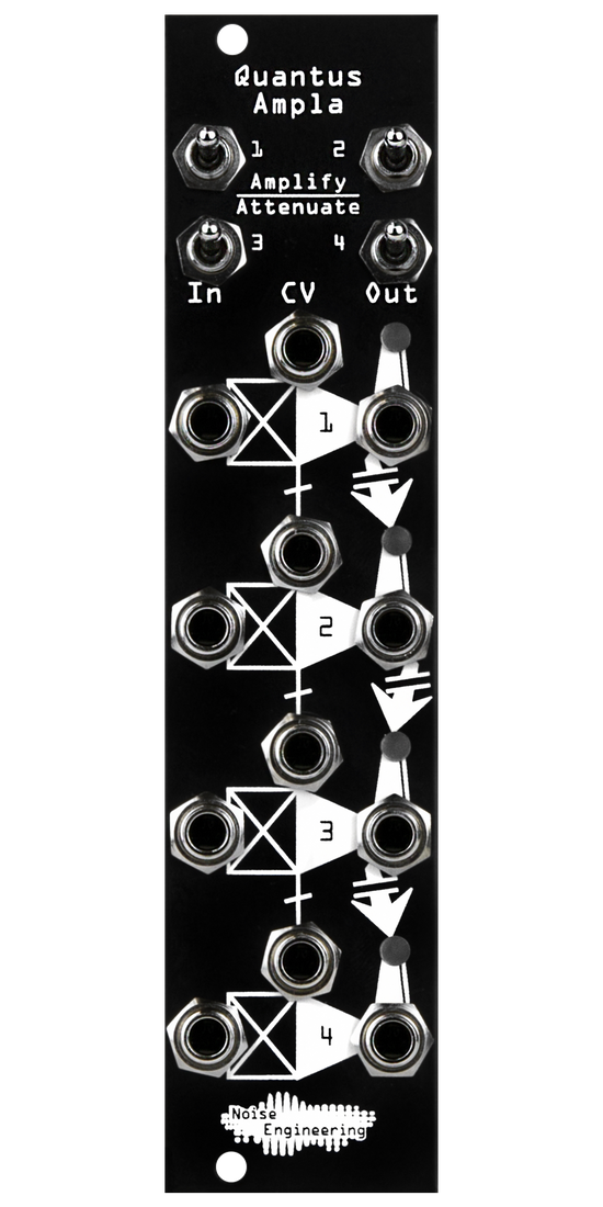 Quantus Ampla black VCA Eurorack module with amplify/attenuate switches at top and jacks on bottom | Noise Engineering