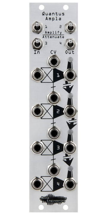 Load image into Gallery viewer, Quantus Ampla silver VCA Eurorack module with amplify/attenuate switches at top and jacks on bottom | Noise Engineering
