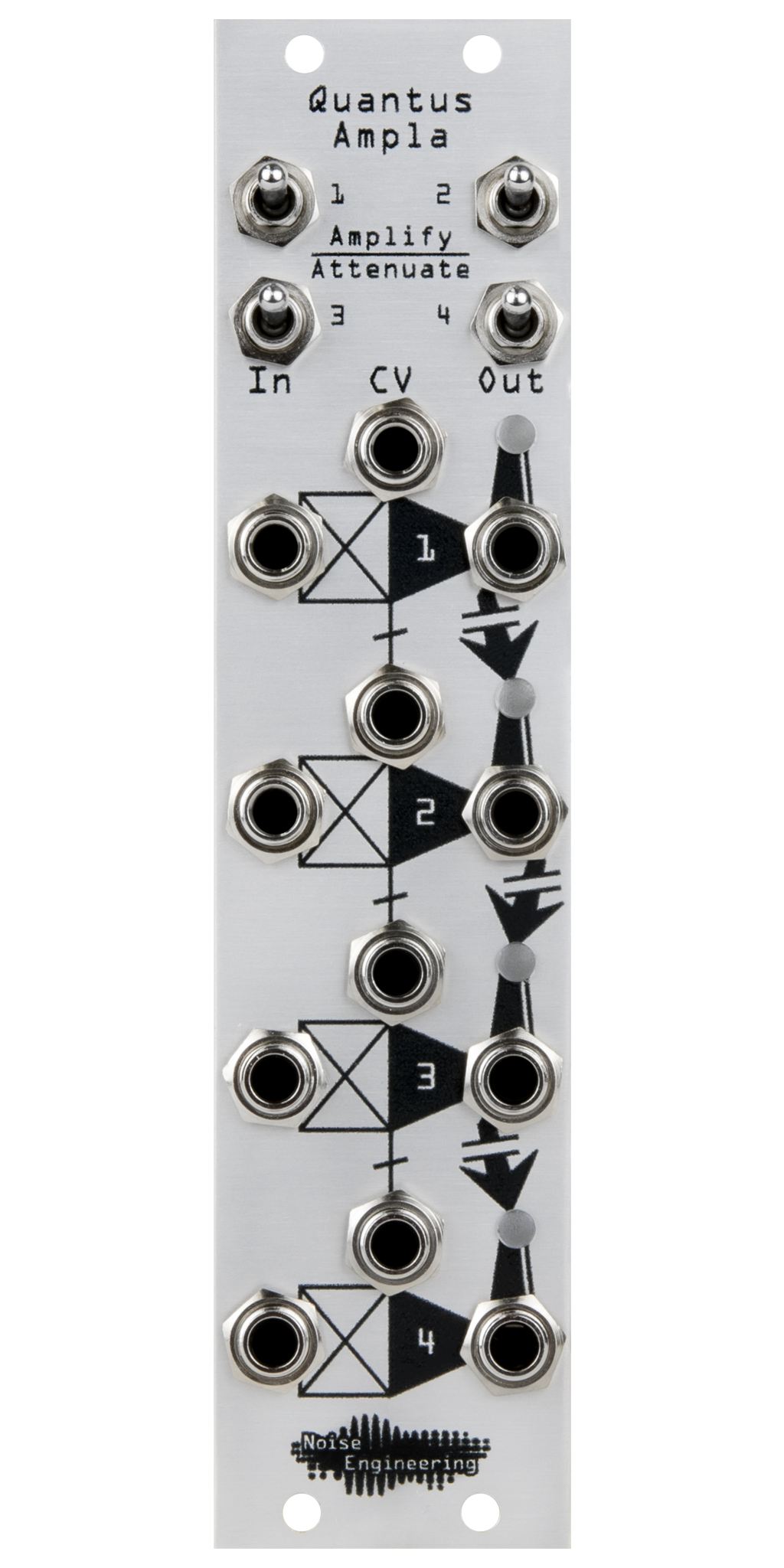 Quantus Ampla silver VCA Eurorack module with amplify/attenuate switches at top and jacks on bottom | Noise Engineering