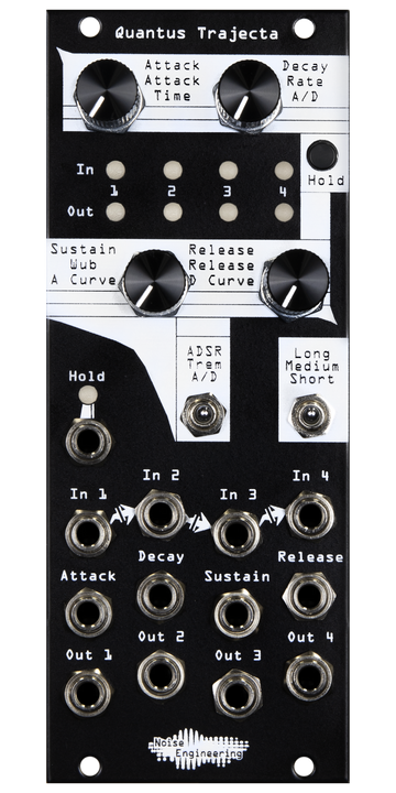 Load image into Gallery viewer, Quantus Trajecta Polyphonic envelopes made simple in 10HP black Eurorack module with knobs and LEDs on top and jacks on bottom plus two switches and a hold button | Noise Engineering
