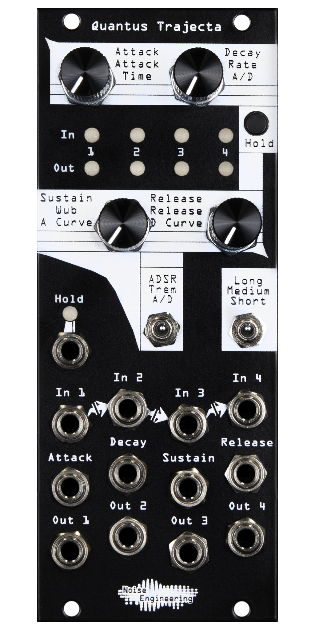 Quantus Trajecta Polyphonic envelopes made simple in 10HP black Eurorack module with knobs and LEDs on top and jacks on bottom plus two switches and a hold button | Noise Engineering