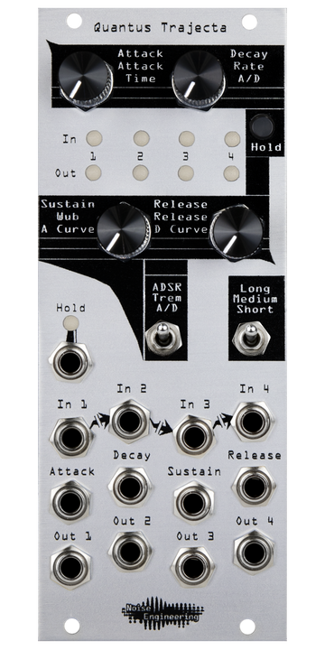 Load image into Gallery viewer, Quantus Trajecta Polyphonic envelopes made simple in 10HP silver Eurorack module with knobs and LEDs on top and jacks on bottom plus two switches and a hold button | Noise Engineering
